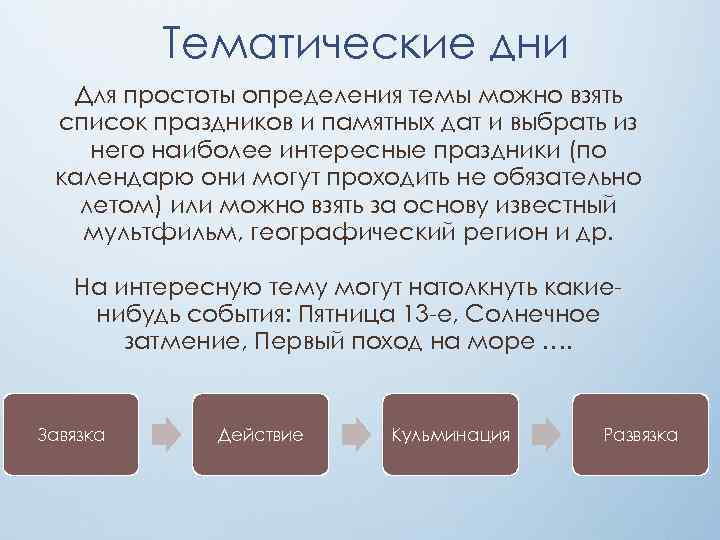 Тематические дни Для простоты определения темы можно взять список праздников и памятных дат и