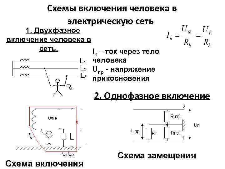  Схемы включения человека в электрическую сеть 1. Двухфазное включение человека в сеть. Ih