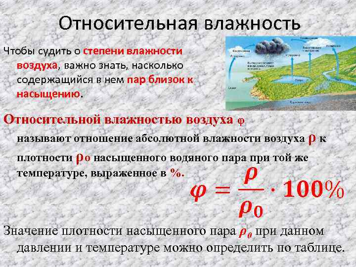 Относительная влажность Чтобы судить о степени влажности воздуха, важно знать, насколько содержащийся в нем