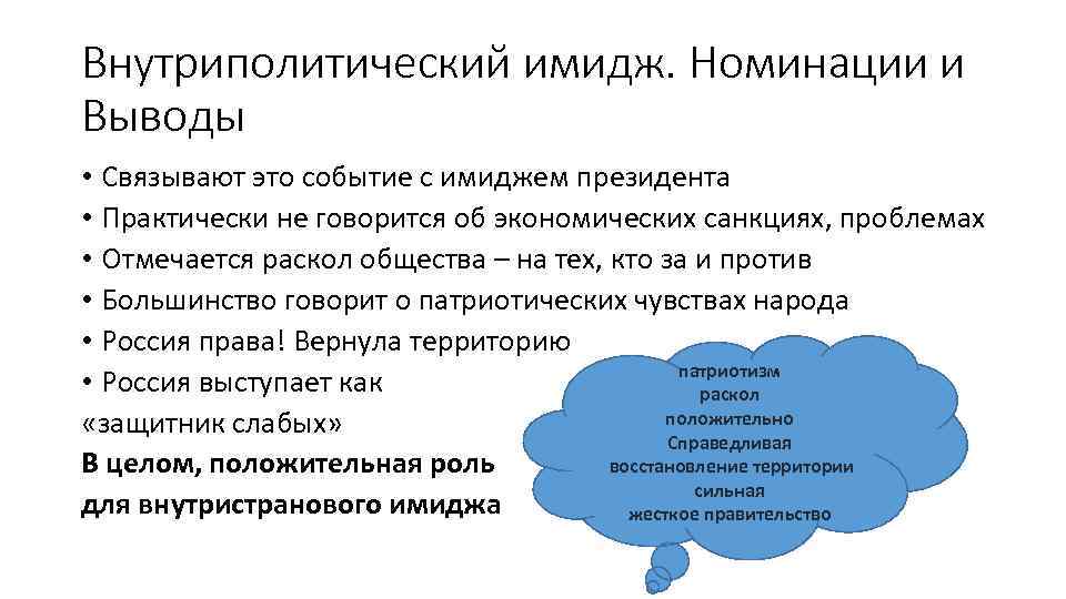 Внутриполитический имидж. Номинации и Выводы • Связывают это событие с имиджем президента • Практически