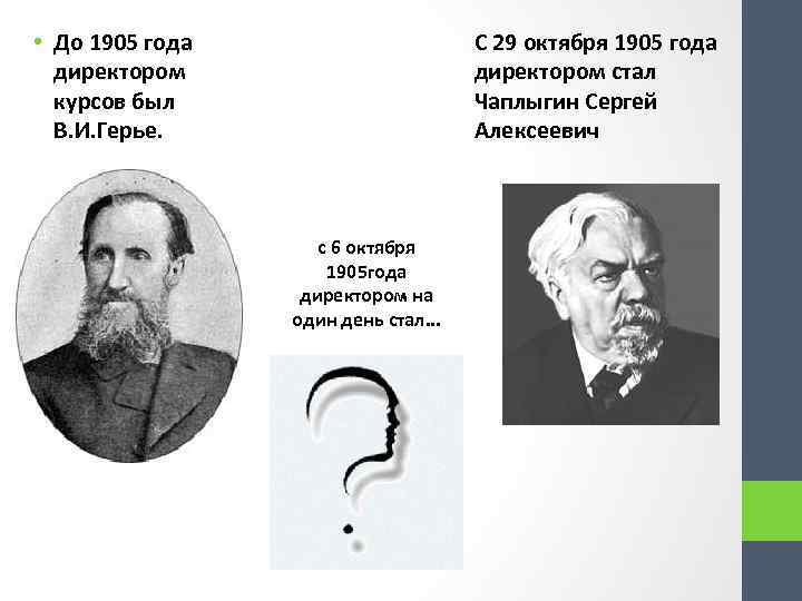 С 29 октября 1905 года директором стал Чаплыгин Сергей Алексеевич • До 1905 года