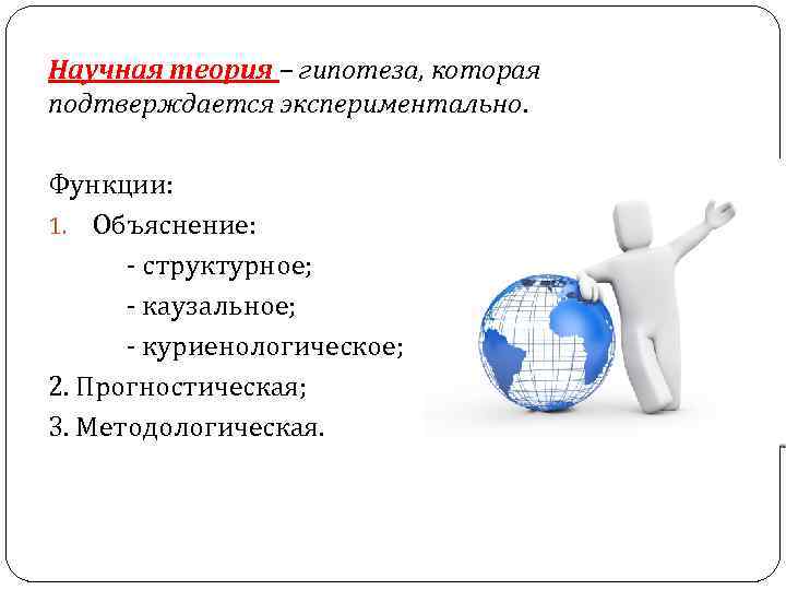 Научная теория – гипотеза, которая подтверждается экспериментально. Функции: 1. Объяснение: - структурное; - каузальное;