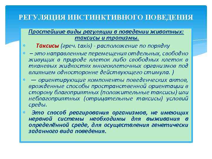 РЕГУЛЯЦИЯ ИНСТИНКТИВНОГО ПОВЕДЕНИЯ Простейшие виды регуляции в поведении животных: таксисы и тропизмы. Таксисы (греч.