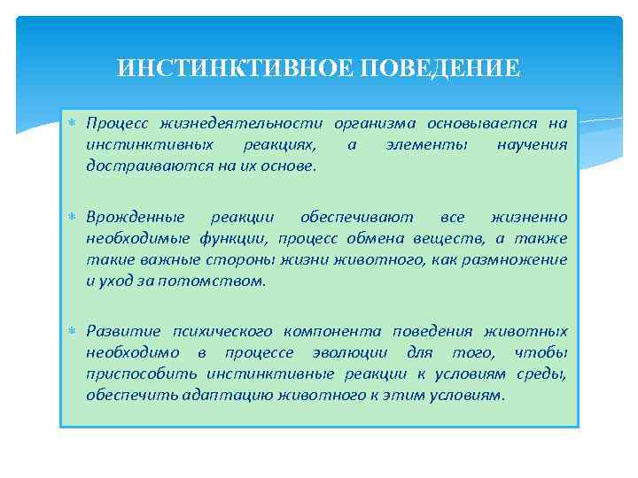 ИНСТИНКТИВНОЕ ПОВЕДЕНИЕ Процесс жизнедеятельности организма основывается на инстинктивных реакциях, а элементы научения достраиваются на