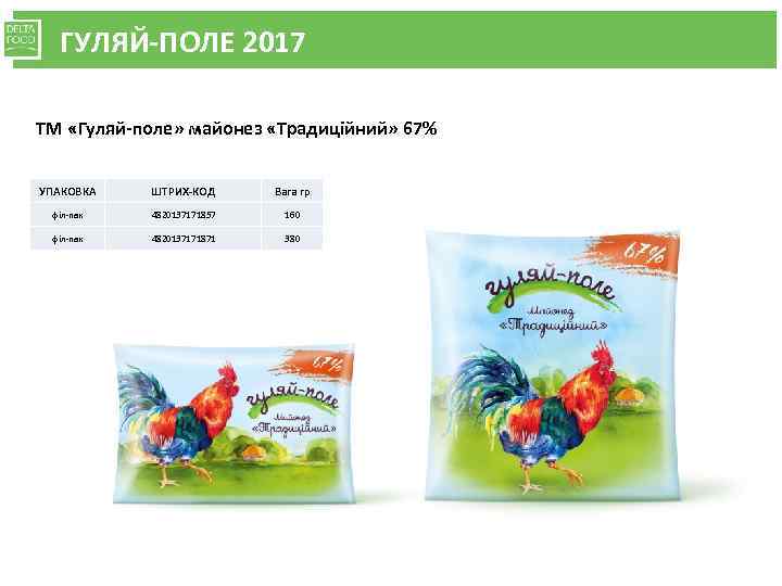 ГУЛЯЙ-ПОЛЕ 2017 ТМ «Гуляй-поле» майонез «Традиційний» 67% УПАКОВКА ШТРИХ-КОД Вага гр філ-пак 4820137171857 160