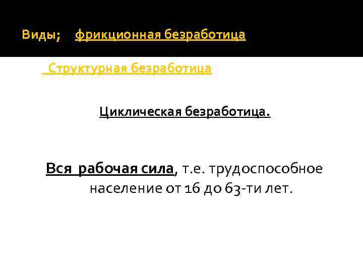 Виды; фрикционная безработица Структурная безработица Циклическая безработица. Вся рабочая сила, т. е. трудоспособное население