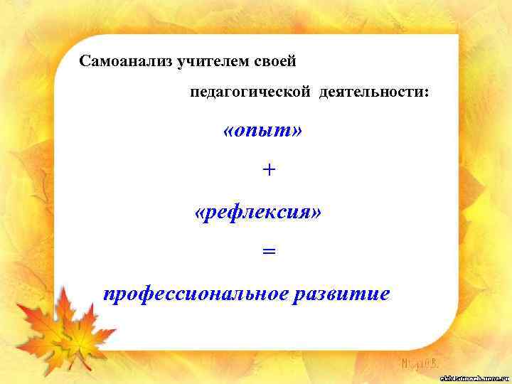  Самоанализ учителем своей педагогической деятельности: «опыт» + «рефлексия» = профессиональное развитие 