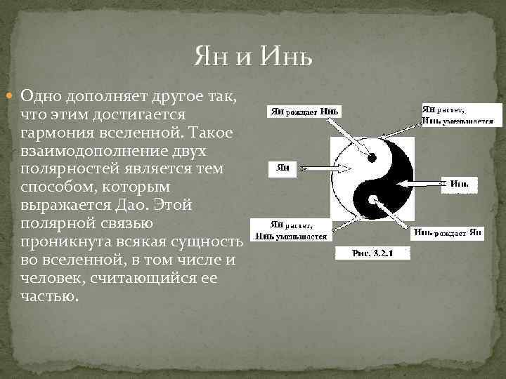 Ян и Инь Одно дополняет другое так, что этим достигается гармония вселенной. Такое взаимодополнение