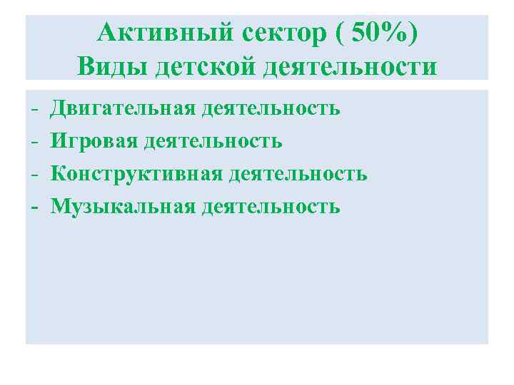 Активный сектор ( 50%) Виды детской деятельности - Двигательная деятельность Игровая деятельность Конструктивная деятельность