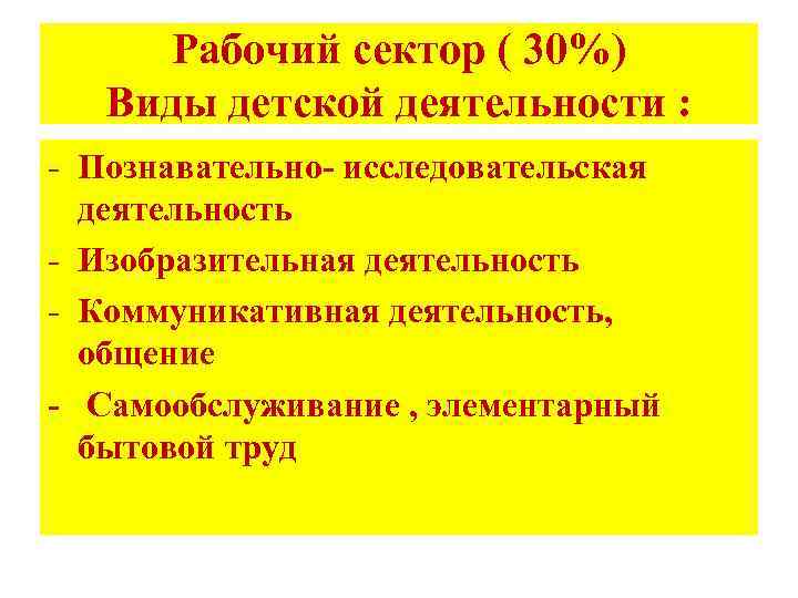 Рабочий сектор ( 30%) Виды детской деятельности : - Познавательно- исследовательская деятельность - Изобразительная