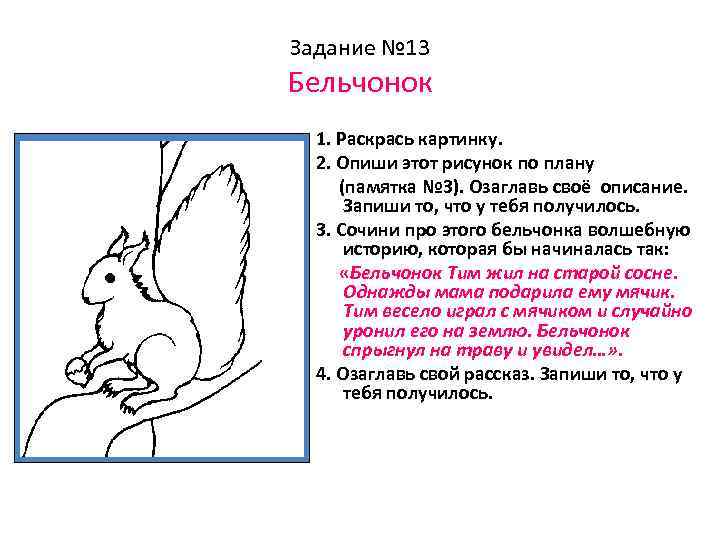 Задание № 13 Бельчонок 1. Раскрась картинку. 2. Опиши этот рисунок по плану (памятка