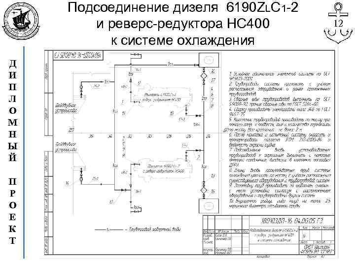 Подсоединение дизеля 6190 ZLC 1 -2 и реверс-редуктора НС 400 к системе охлаждения Д