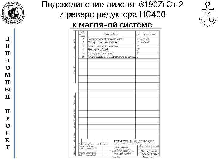 Подсоединение дизеля 6190 ZLC 1 -2 и реверс-редуктора НС 400 к масляной системе Д