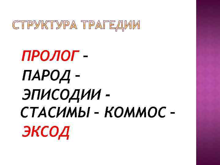 ПРОЛОГ – ПАРОД – ЭПИСОДИИ СТАСИМЫ – КОММОС – ЭКСОД 