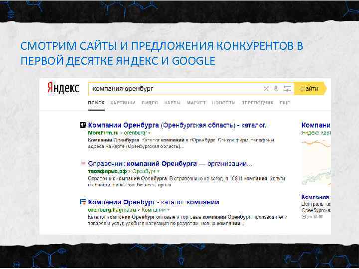СМОТРИМ САЙТЫ И ПРЕДЛОЖЕНИЯ КОНКУРЕНТОВ В ПЕРВОЙ ДЕСЯТКЕ ЯНДЕКС И GOOGLE 
