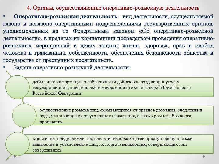 4. Органы, осуществляющие оперативно-розыскную деятельность • Оперативно-розыскная деятельность – вид деятельности, осуществляемой гласно и