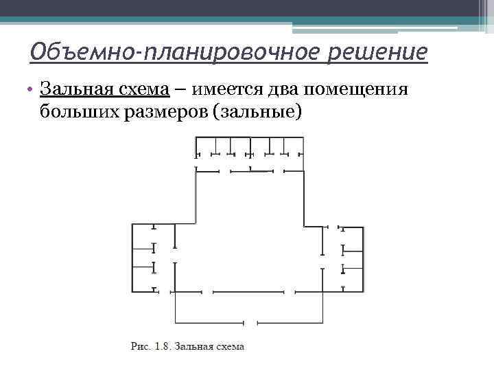 Объемно-планировочное решение • Зальная схема – имеется два помещения больших размеров (зальные) 