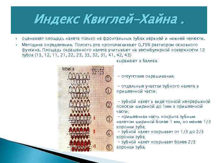 Индекс Квиглей-Хайна. оценивает площадь налета только на фронтальных зубах верхней и нижней челюсти. Методика