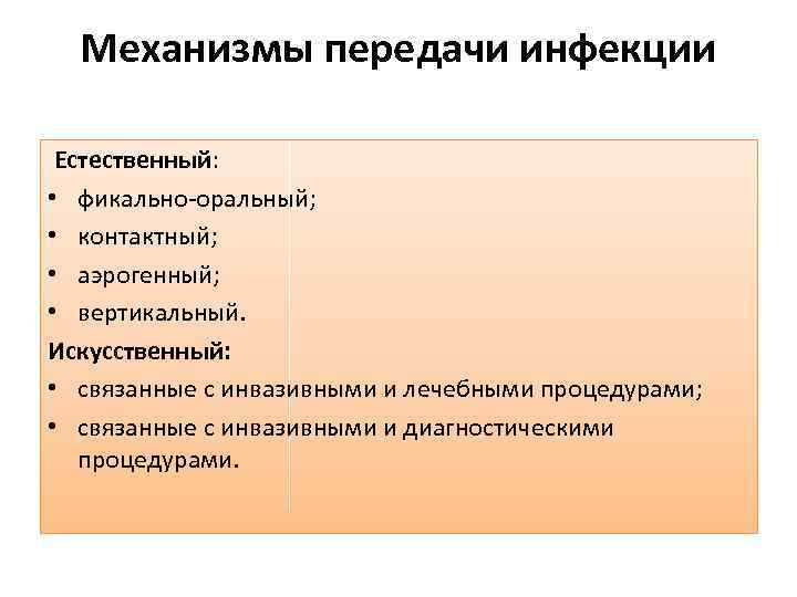 Механизмы передачи инфекции Естественный: • фикально-оральный; • контактный; • аэрогенный; • вертикальный. Искусственный: •