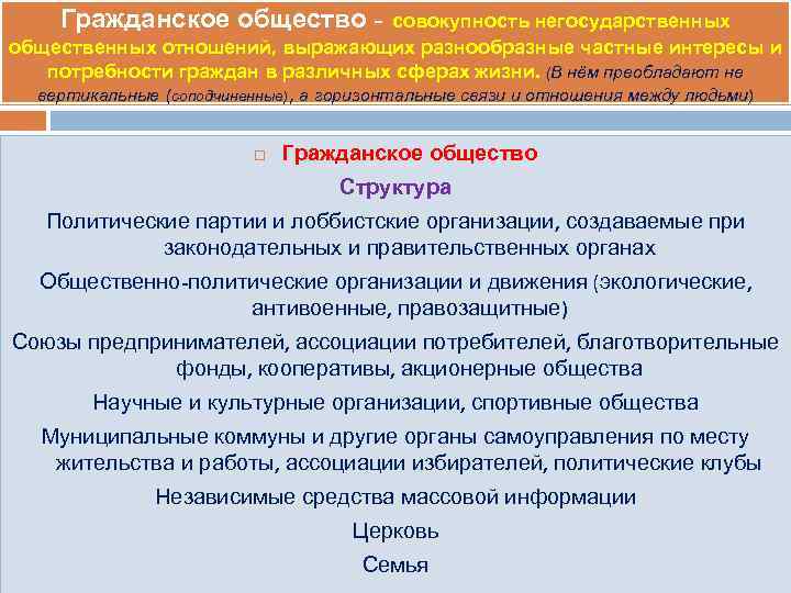 Гражданское общество - совокупность негосударственных общественных отношений, выражающих разнообразные частные интересы и потребности граждан