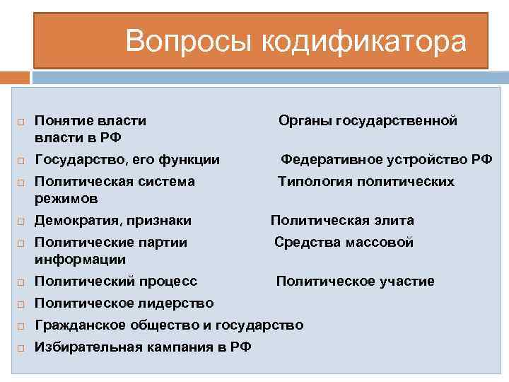 Вопросы кодификатора Понятие власти в РФ Органы государственной Государство, его функции Федеративное устройство РФ