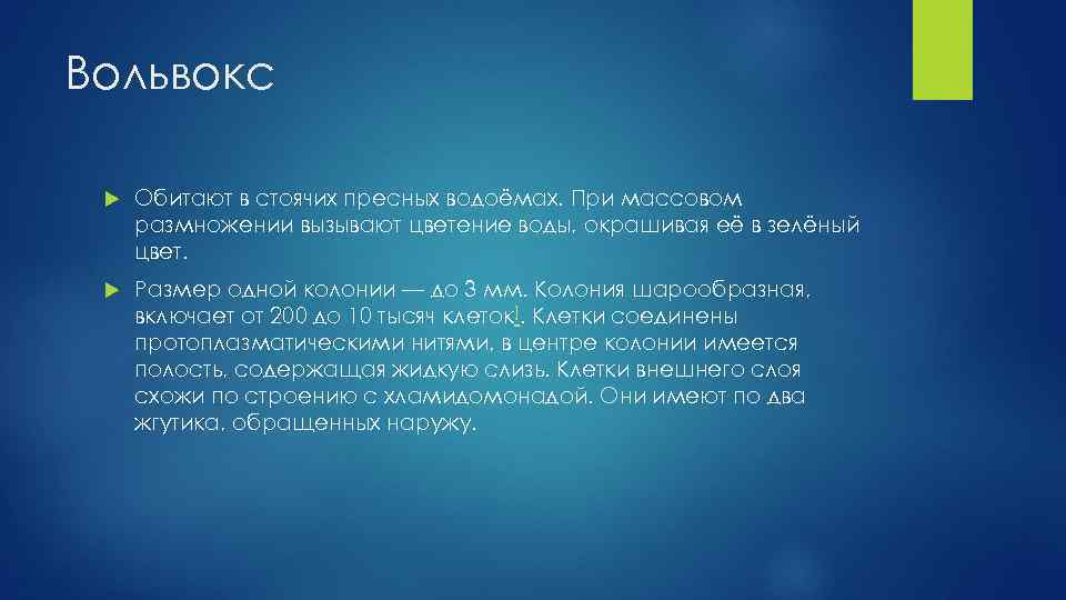 Вольвокс Обитают в стоячих пресных водоёмах. При массовом размножении вызывают цветение воды, окрашивая её