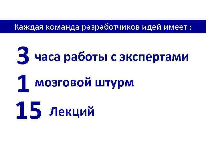 Каждая команда разработчиков идей имеет : 3 часа работы с экспертами мозговой штурм 1