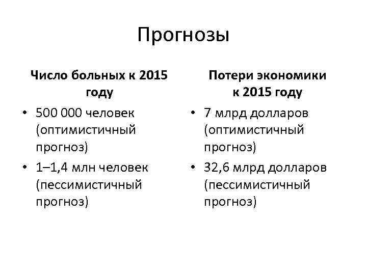 Прогнозы Число больных к 2015 году • 500 000 человек (оптимистичный прогноз) • 1–