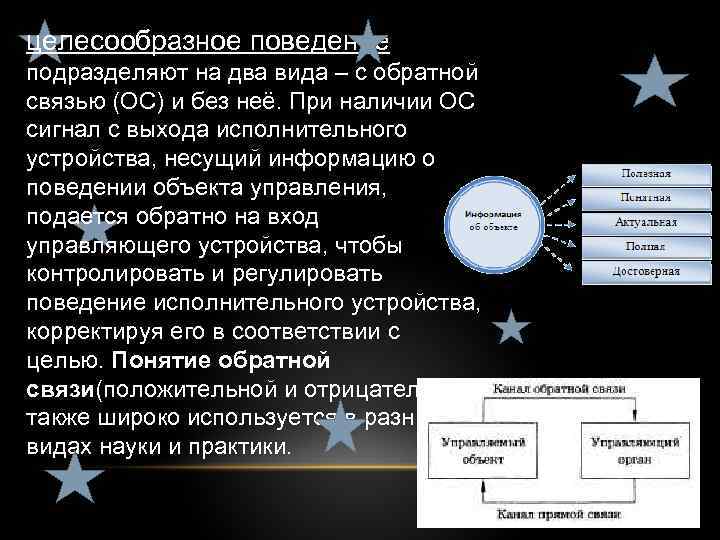 целесообразное поведение подразделяют на два вида – с обратной связью (ОС) и без неё.