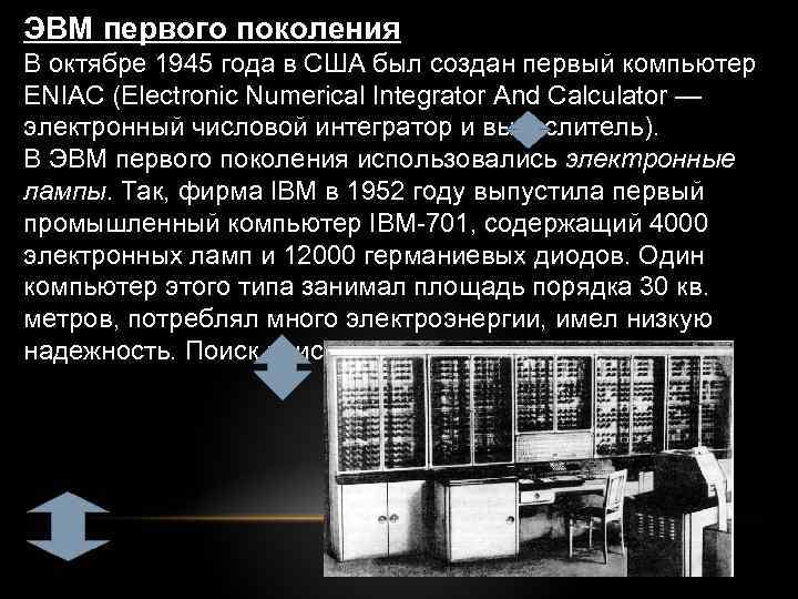 ЭВМ первого поколения В октябре 1945 года в США был создан первый компьютер ENIAC