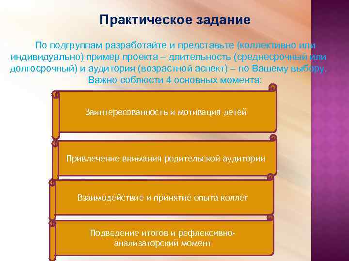 Практическое задание По подгруппам разработайте и представьте (коллективно или индивидуально) пример проекта – длительность