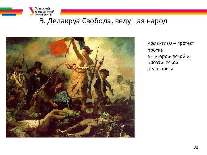 Э. Делакруа Свобода, ведущая народ Романтизм – протест против антигероической и прозаической реальности 82