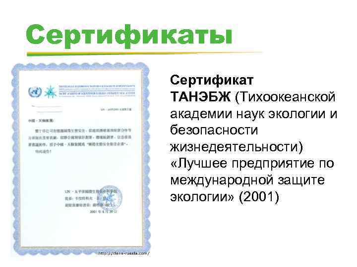 Сертификаты Сертификат ТАНЭБЖ (Тихоокеанской академии наук экологии и безопасности жизнедеятельности) «Лучшее предприятие по международной