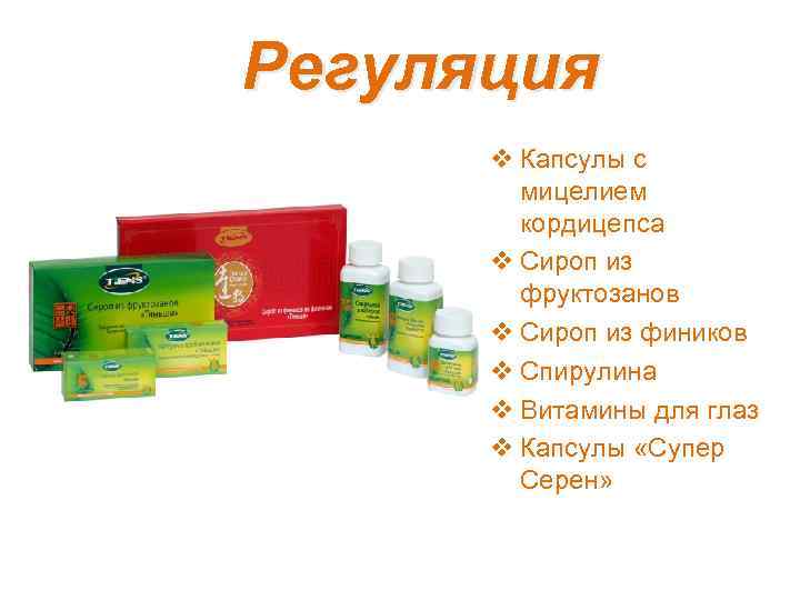 Регуляция v Капсулы с мицелием кордицепса v Сироп из фруктозанов v Сироп из фиников