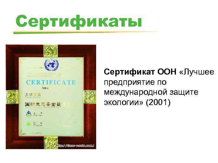 Сертификаты Сертификат ООН «Лучшее предприятие по международной защите экологии» (2001) 