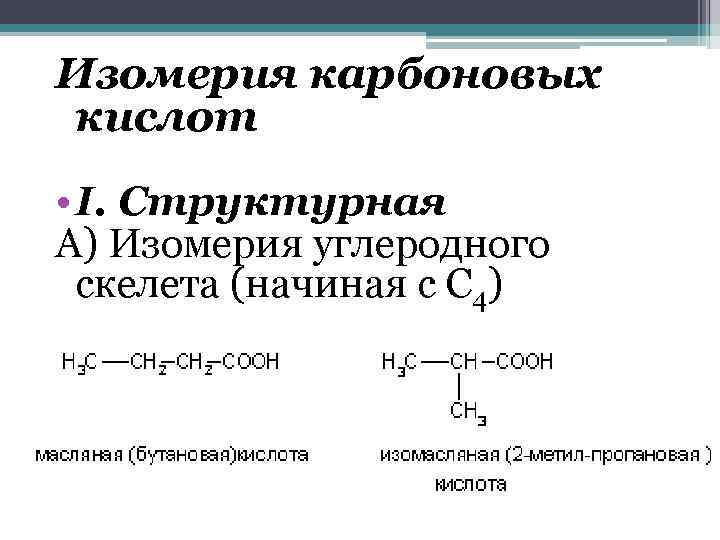 Изомерия одноосновных карбоновых кислот. Изомерия положения функциональной группы карбоновых кислот. Карбоновые кислоты изомерия функциональной группы. Структурная изомерия это изомерия углеродного скелета. Изомерия углеродного скелета карбоновых кислот.