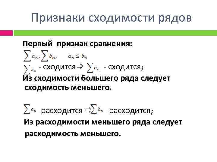 Признаки сходимости рядов Первый признак сравнения: - сходится; Из сходимости большего ряда следует сходимость