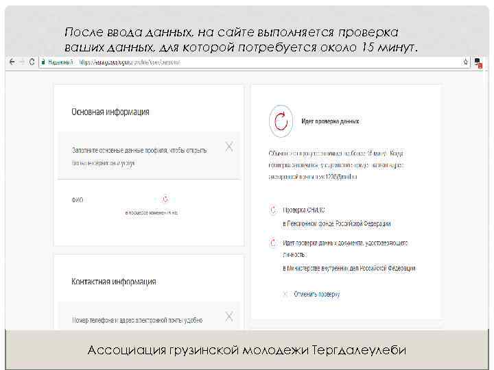 После ввода данных, на сайте выполняется проверка ваших данных, для которой потребуется около 15