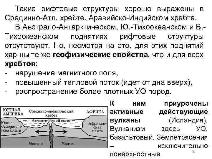 Такие рифтовые структуры хорошо выражены в Срединно-Атл. хребте, Аравийско-Индийском хребте. В Австрало-Антарктическом, Ю. -Тихоокеанском