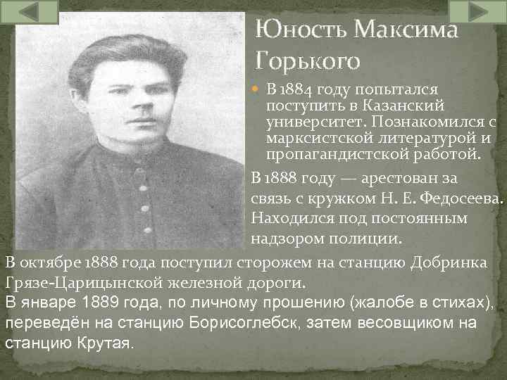 Юность Максима Горького В 1884 году попытался поступить в Казанский университет. Познакомился с марксистской