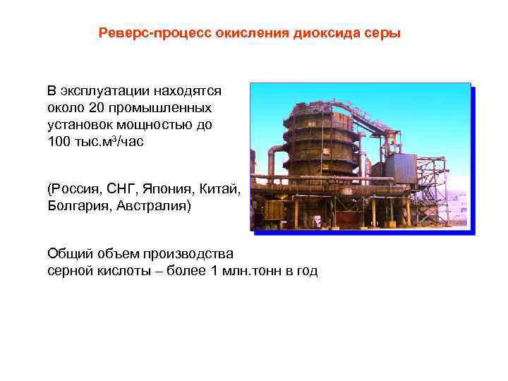 Реверс-процесс окисления диоксида серы В эксплуатации находятся около 20 промышленных установок мощностью до 100