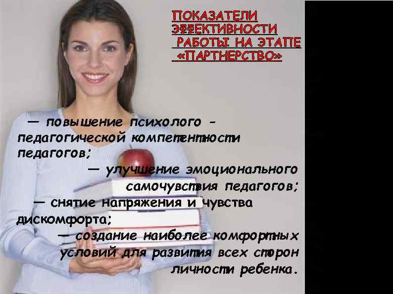 ПОКАЗАТЕЛИ ЭФФЕКТИВНОСТИ РАБОТЫ НА ЭТАПЕ «ПАРТНЕРСТВО» — повышение психолого педагогической компетентности педагогов; — улучшение