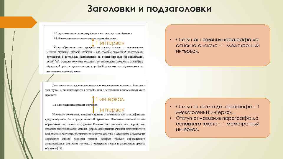 Заголовки и подзаголовки 1 интервал • Отступ от названия параграфа до основного текста –