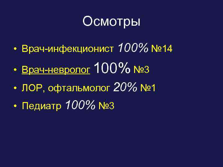 Осмотры • Врач-инфекционист 100% № 14 • Врач-невролог 100% № 3 • ЛОР, офтальмолог