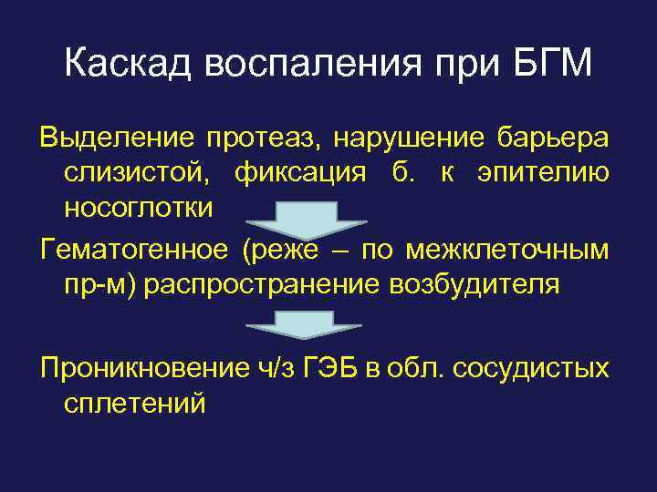 Каскад воспаления при БГМ Выделение протеаз, нарушение барьера слизистой, фиксация б. к эпителию носоглотки