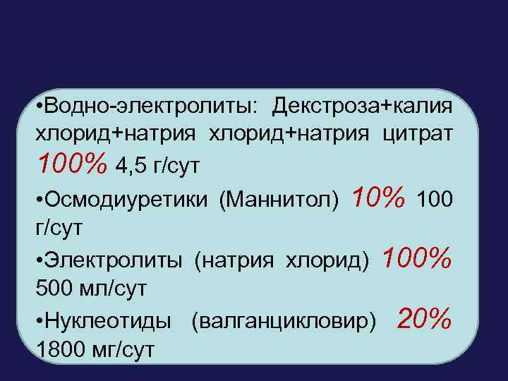  • • Водно-электролиты: Декстроза+калия Вит В 1 (тиамин) 100% 50 мг/сут хлорид+натрия цитрат