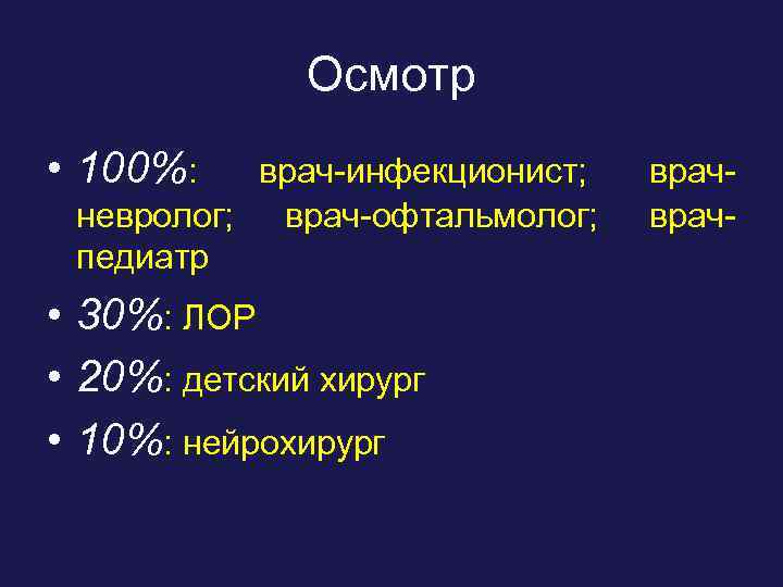 Осмотр • 100%: врач-инфекционист; невролог; врач-офтальмолог; педиатр • 30%: ЛОР • 20%: детский хирург