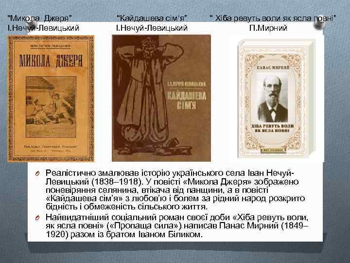 “Микола Джеря” “Кайдашева сім’я” “ Хіба ревуть воли як ясла повні” І. Нечуй-Левицький П.