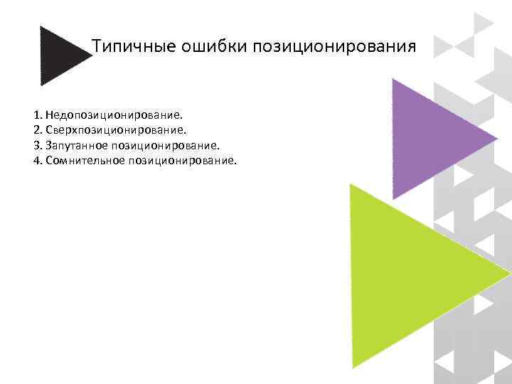 Типичные ошибки позиционирования 1. Недопозиционирование. 2. Сверхпозиционирование. 3. Запутанное позиционирование. 4. Сомнительное позиционирование. 