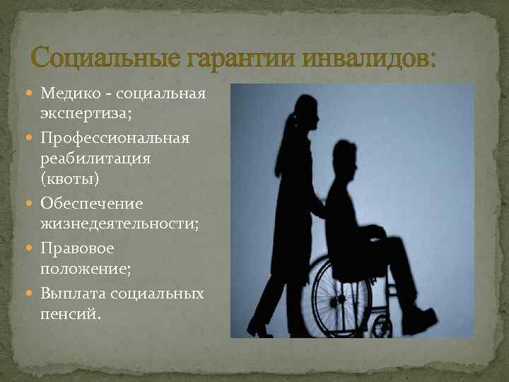 Социальные гарантии инвалидов: Медико - социальная экспертиза; Профессиональная реабилитация (квоты) Обеспечение жизнедеятельности; Правовое положение;